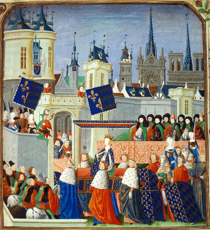 Isabeau Queen Consort of France enters into Paris, August 23, 1389,  by Jean Froissart,   painted between 1470-1472,  Chronicles BL Harley 4379.